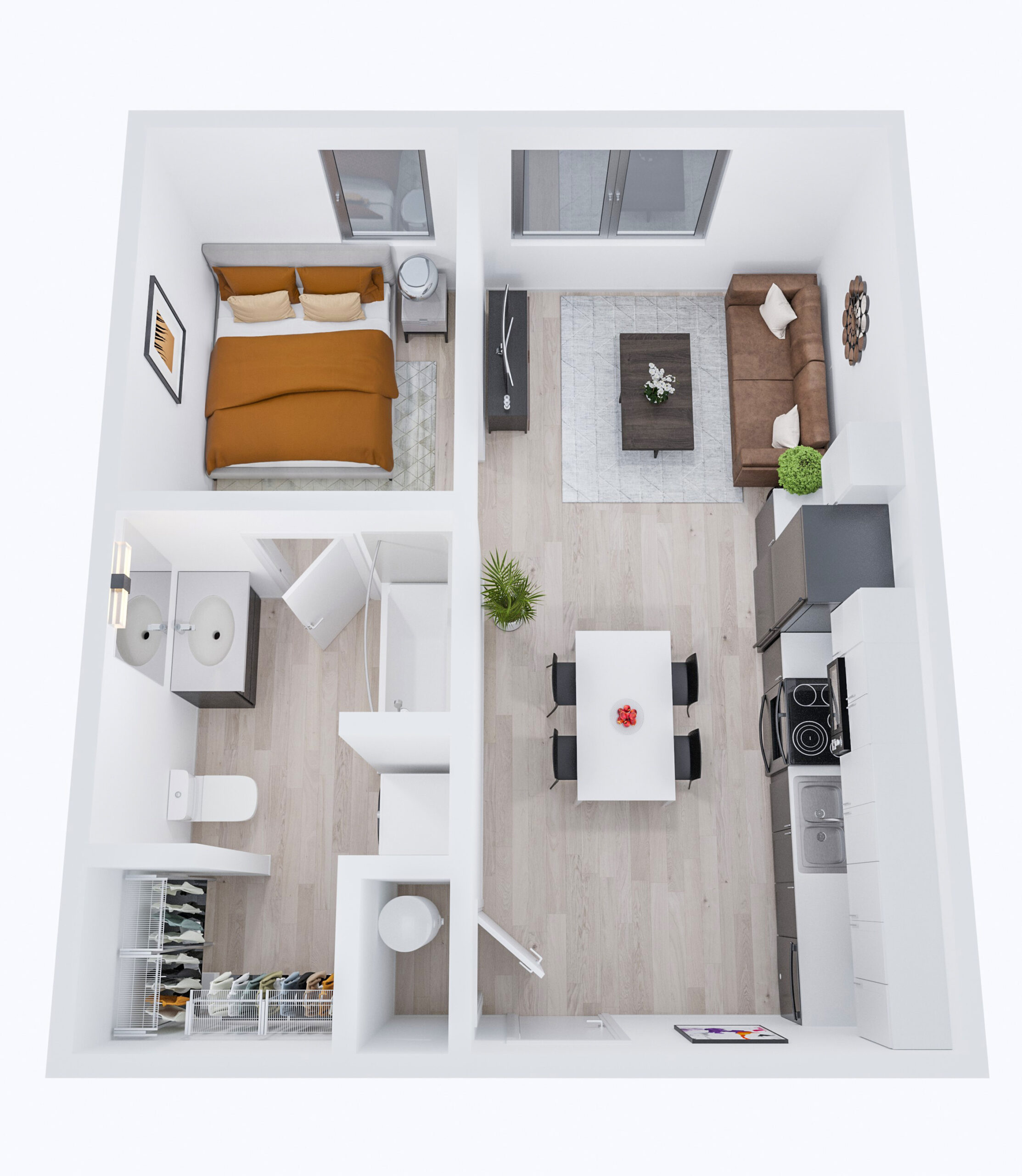 A 3D image of the 1BR/1BA – Cherry floorplan, a 546 squarefoot, 1 bed / 1 bath unit