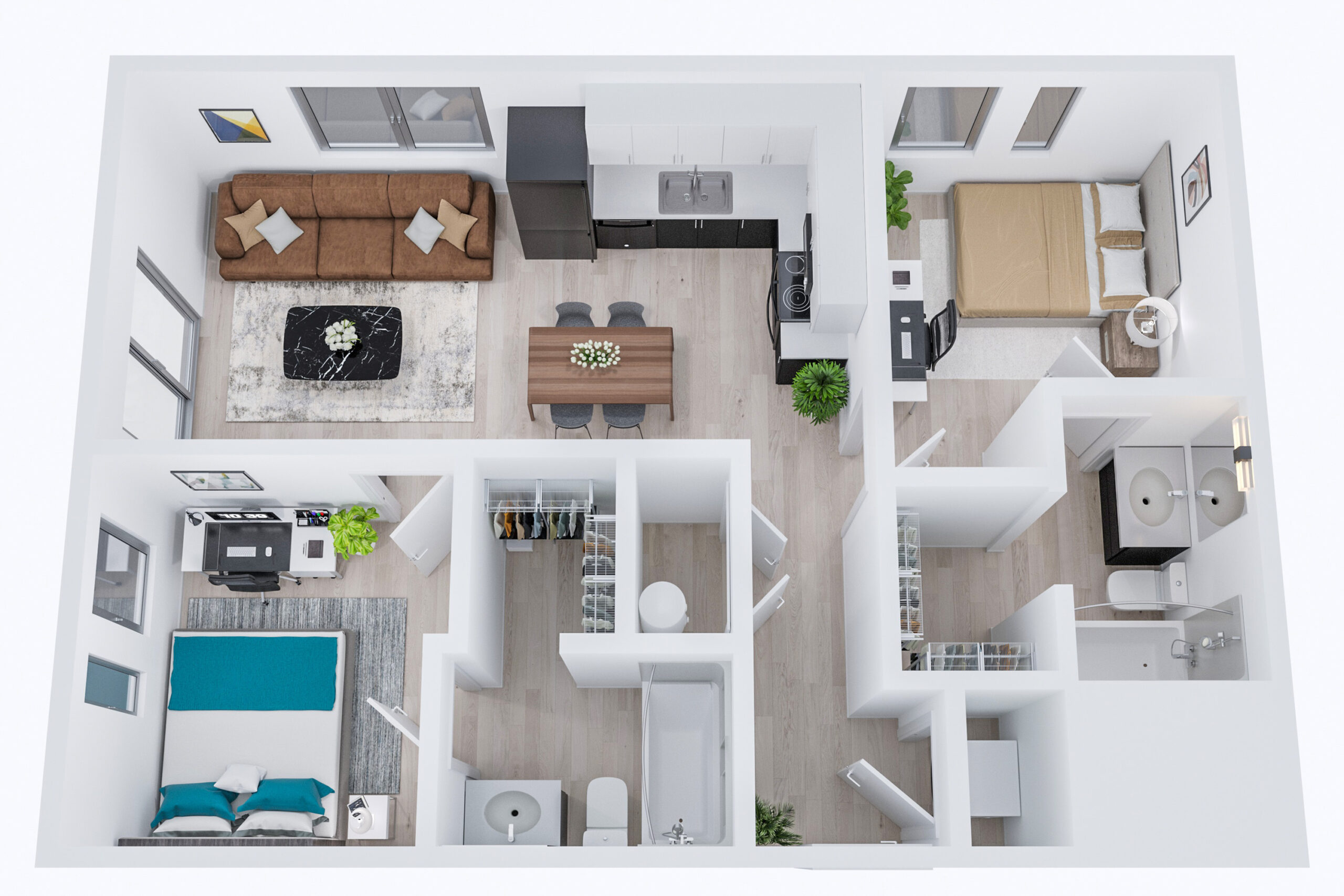 A 3D image of the 2BR/2BA – Moore floorplan, a 868 squarefoot, 2 bed / 2 bath unit