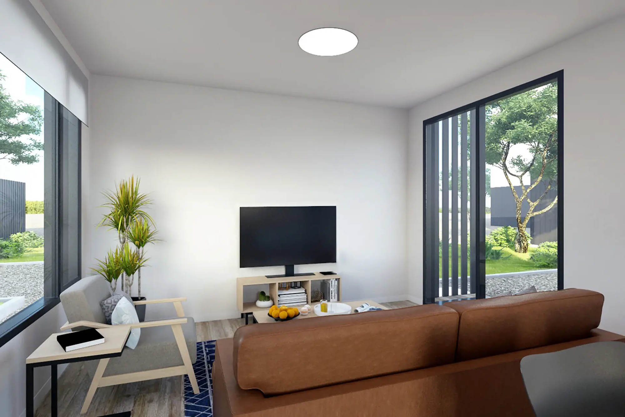 Bright and modern living room with TV and large windows