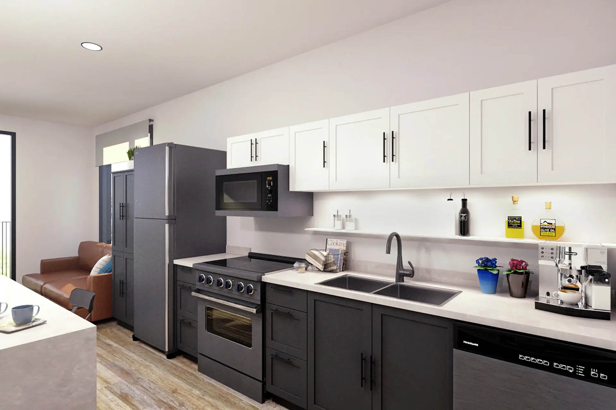 Bright kitchen with modern cabinetry and high contrast finishes