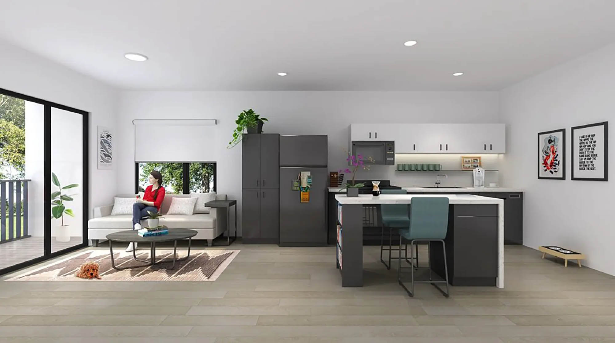 Woman sitting in living room with clean modern interiors and large windows