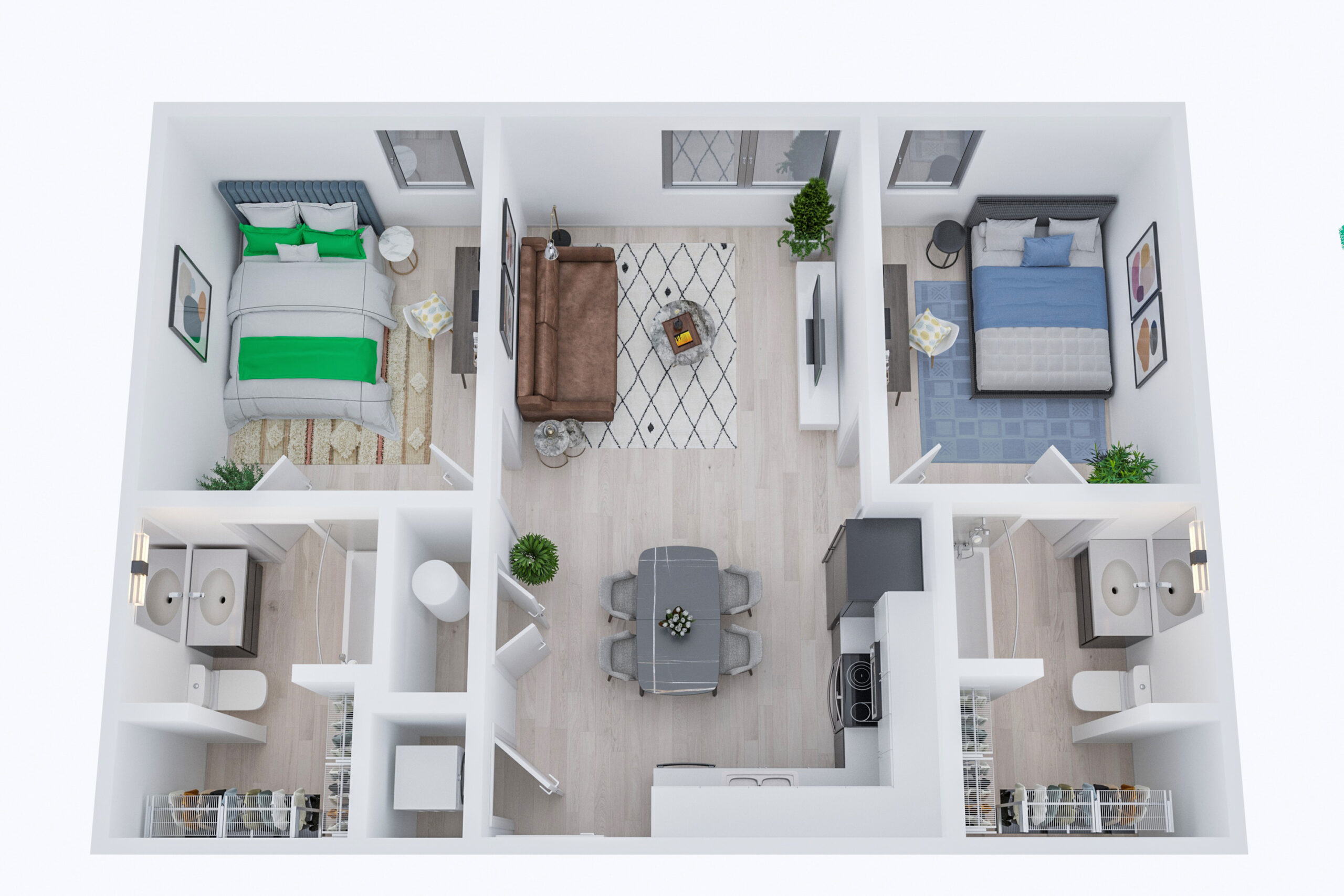 A 3D image of the 2BR/2BA – Duncan floorplan, a 883 squarefoot, 2 bed / 2 bath unit